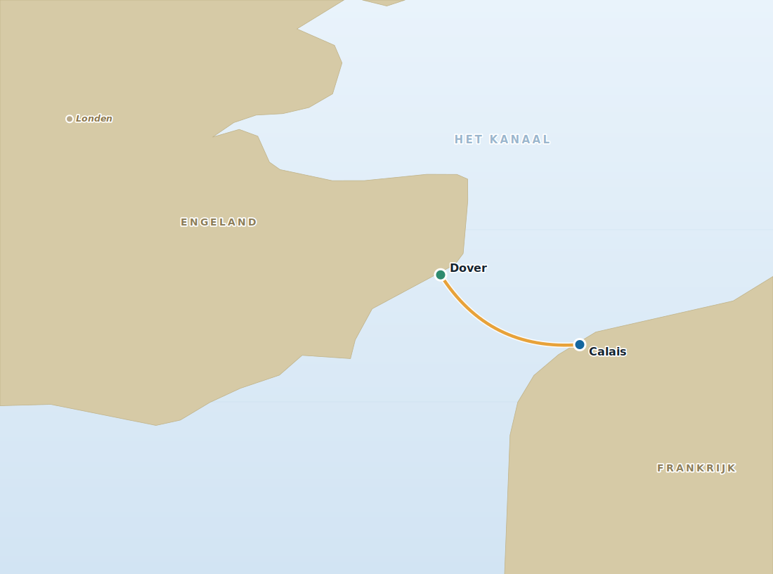 Kaart met de veerbootroute van Calais naar Dover over het Kanaal