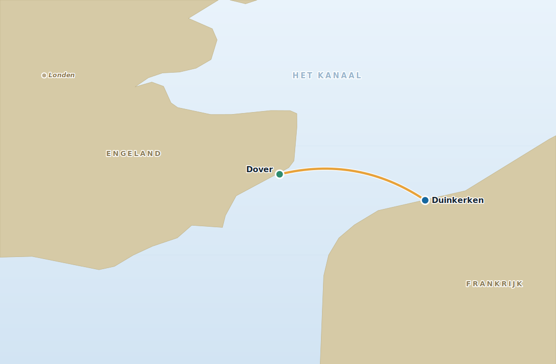 Kaart met de veerbootroute van Duinkerken naar Dover over het Kanaal