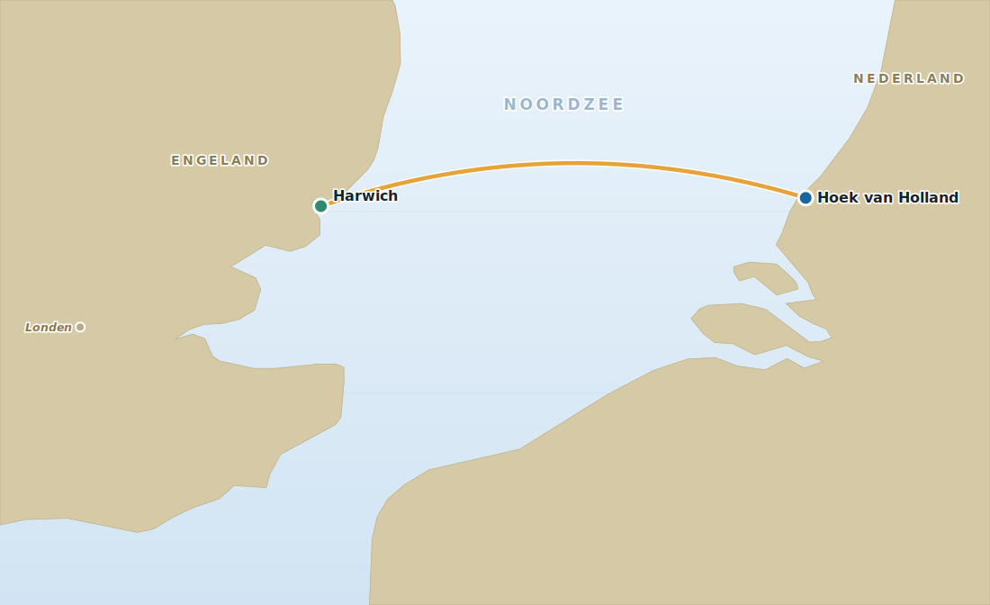 Kaart met de veerbootroute van Hoek van Holland naar Harwich over de Noordzee