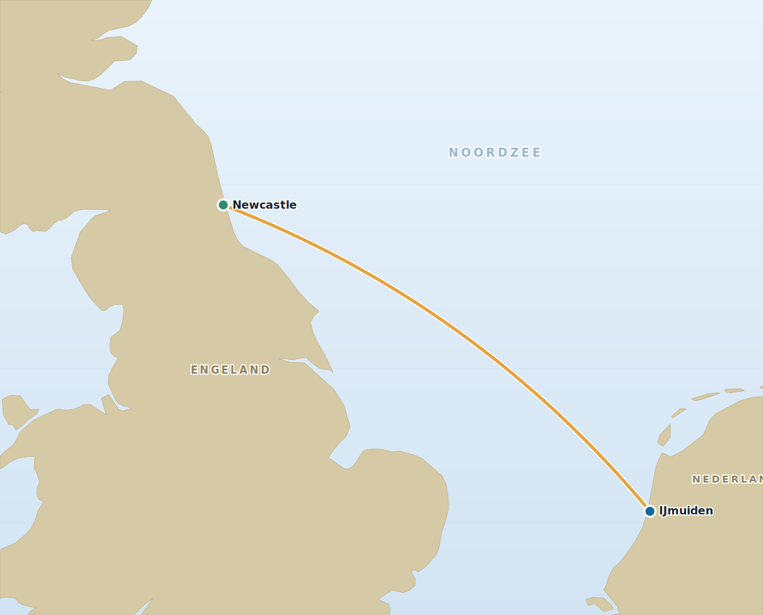 Kaart met de bootroute van IJmuiden naar Newcastle over de Noordzee