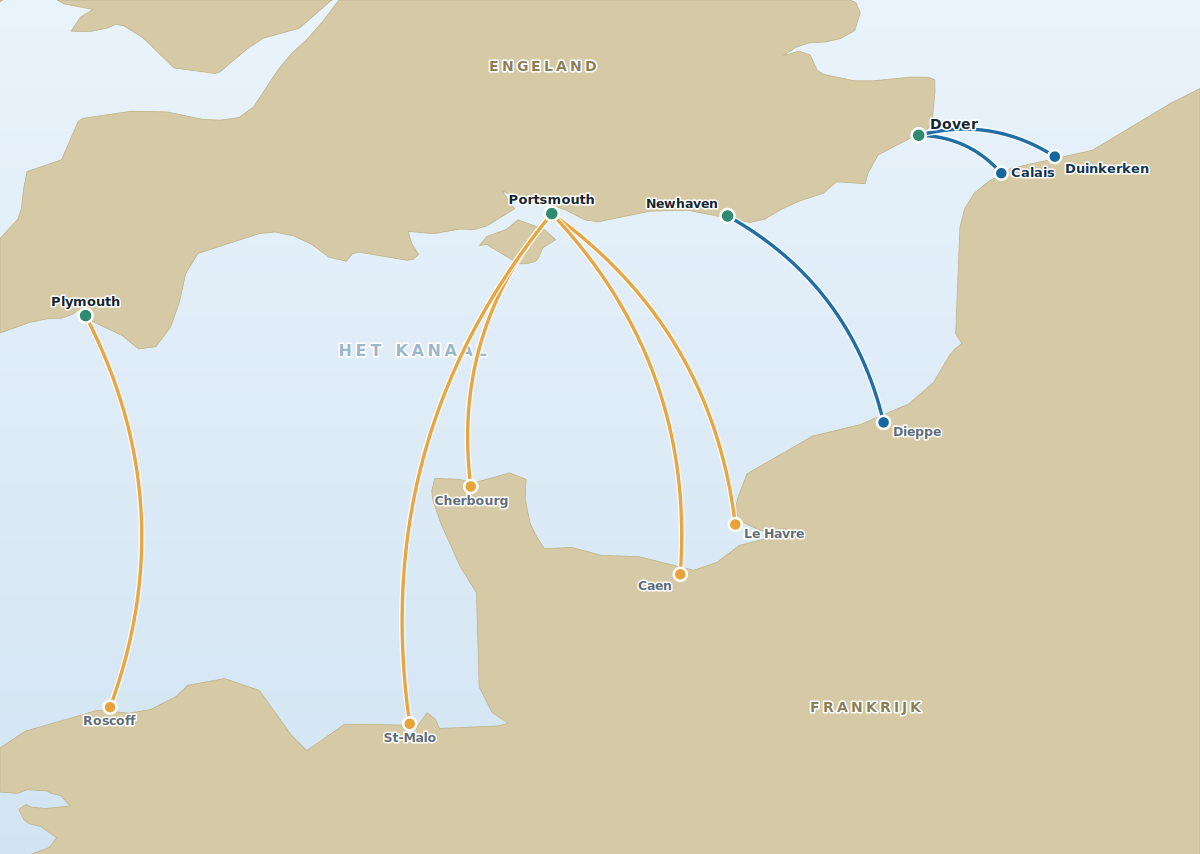 Kaart met alle veerbootroutes vanuit Frankrijk naar Engeland