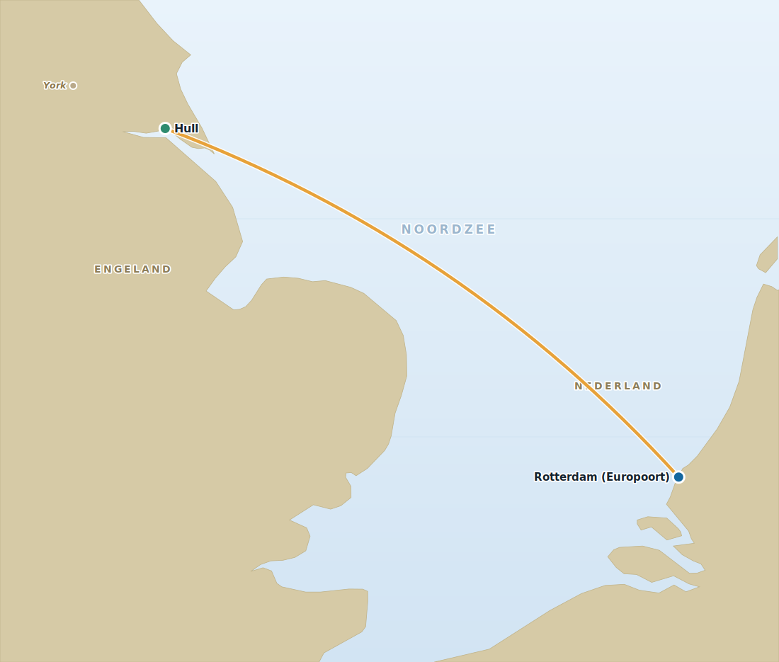 Kaart met de veerbootroute van Rotterdam naar Hull over de Noordzee