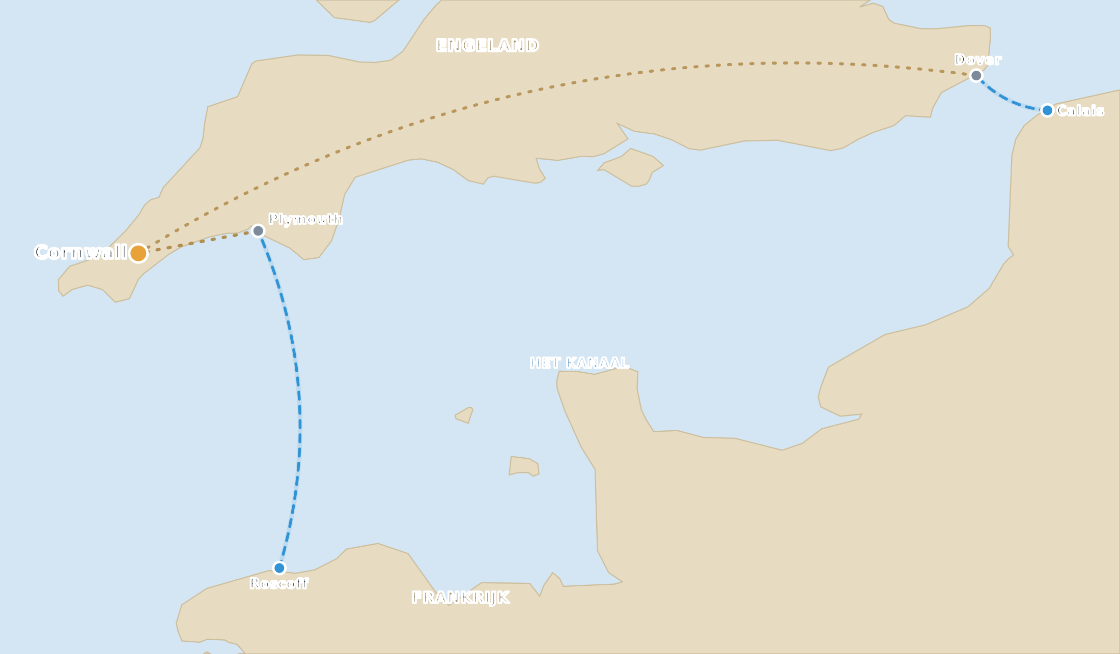 Kaart met de routes naar Cornwall: via Calais en Dover en via Roscoff en Plymouth