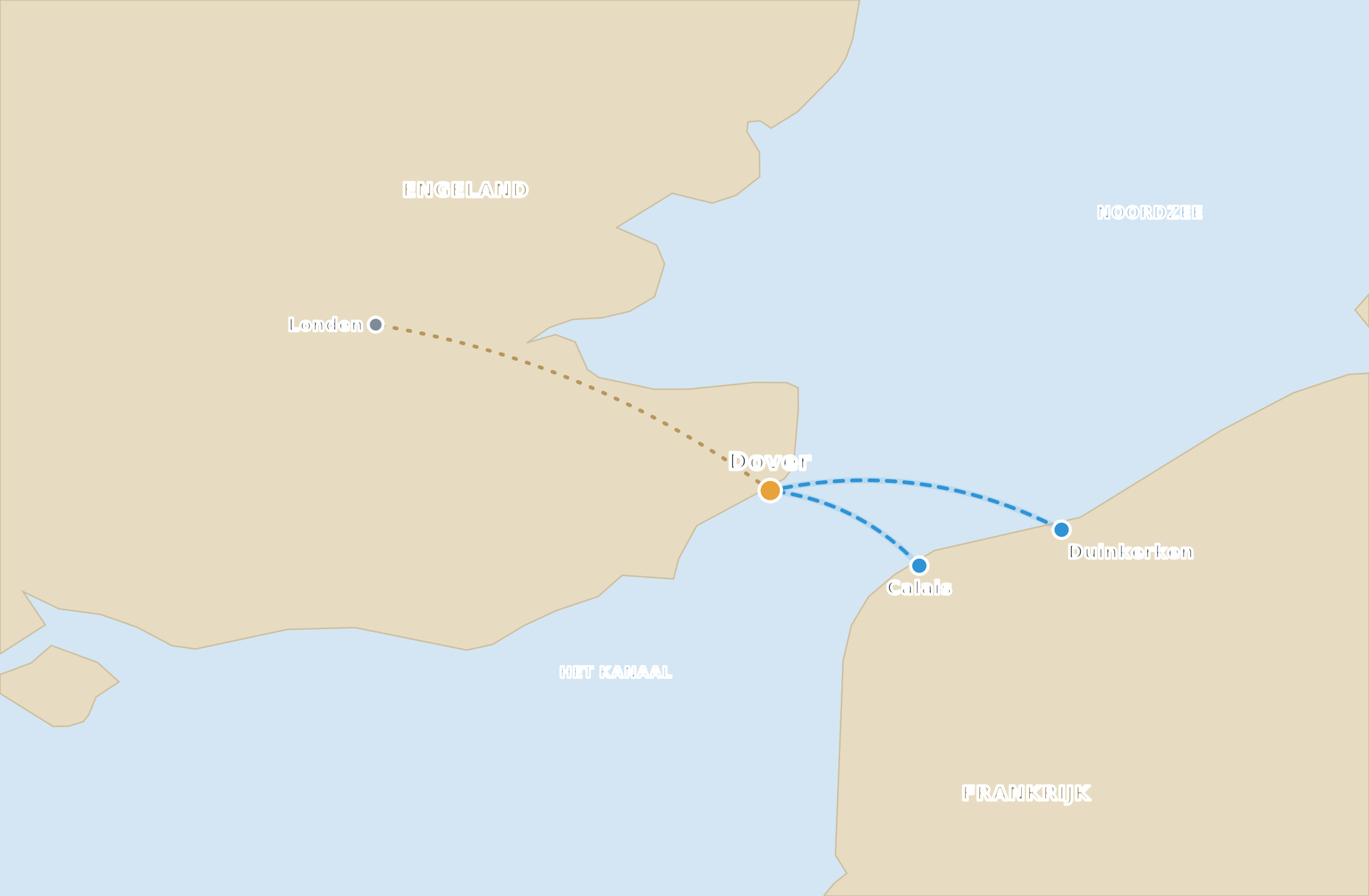 Kaart met de bootroutes vanaf Calais en Duinkerken naar Dover, met de doorrijroute naar Londen