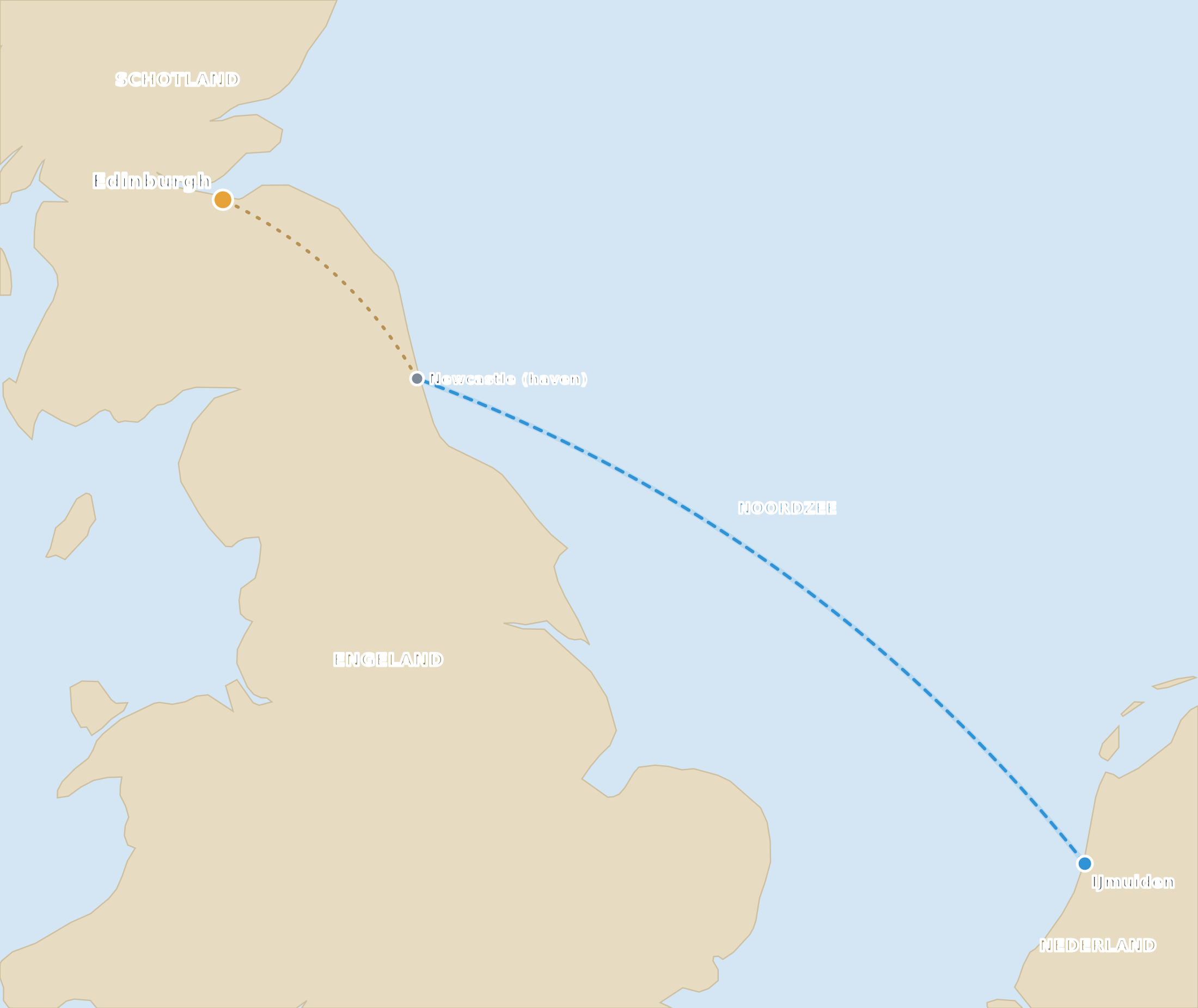 Kaart met de nachtboot van IJmuiden naar Newcastle en de doorrijroute naar Edinburgh
