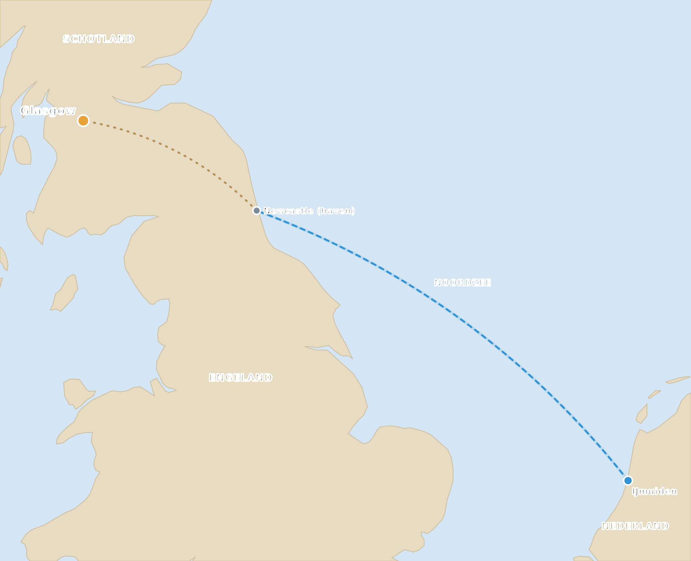 Kaart met de nachtboot van IJmuiden naar Newcastle en de doorrijroute naar Glasgow