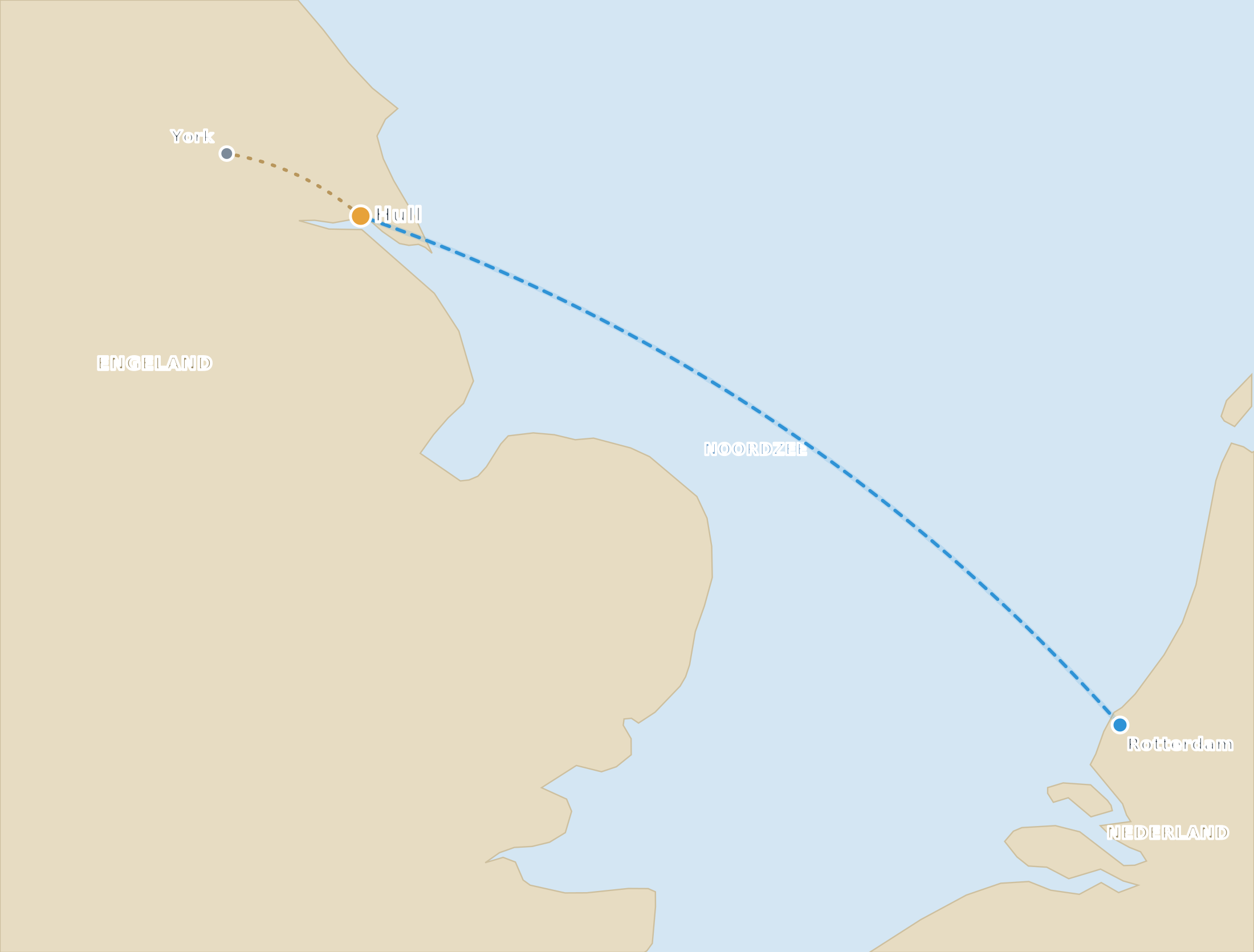 Kaart met de nachtboot van Rotterdam naar Hull en de doorrijroute naar York