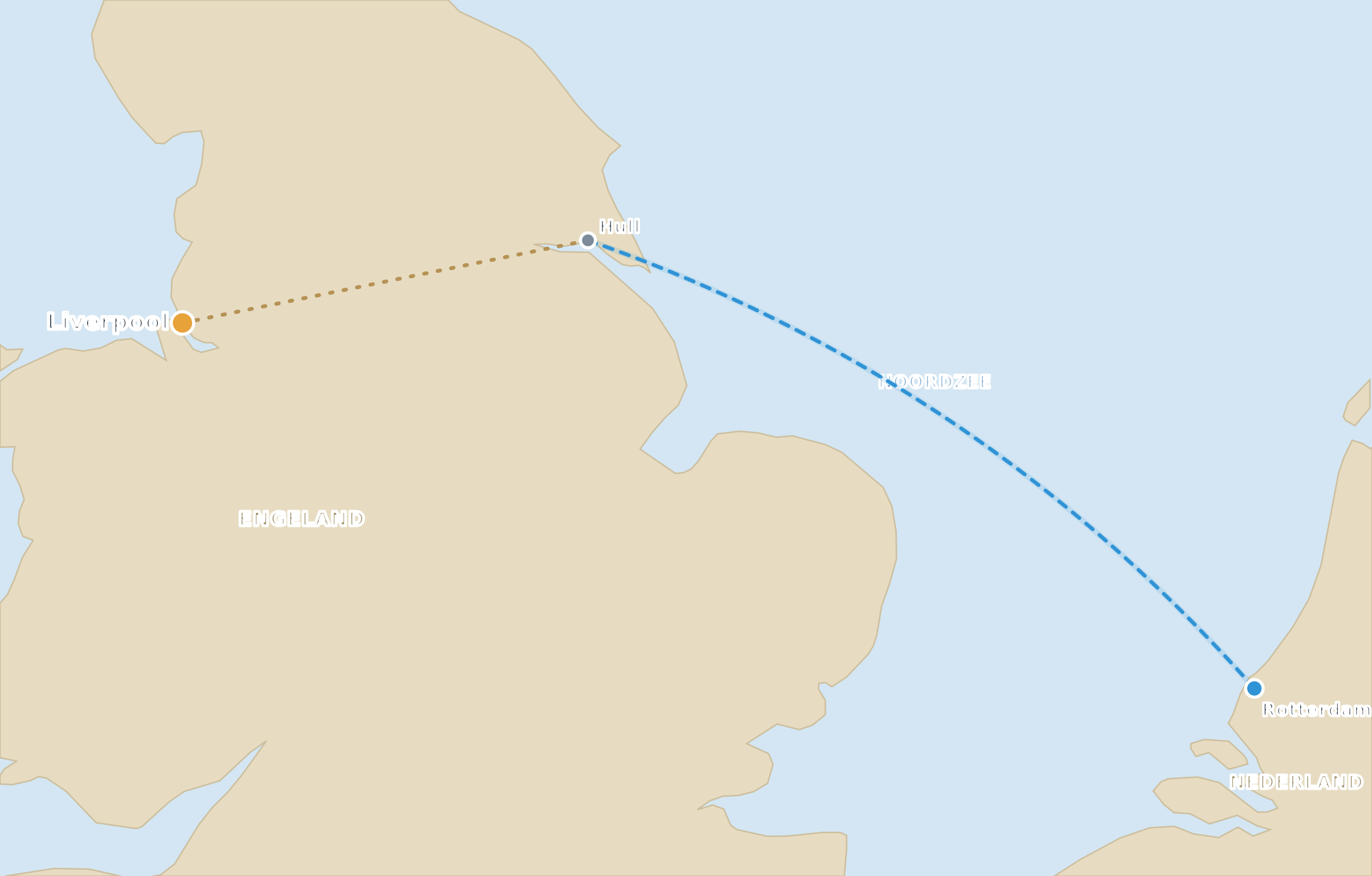 Kaart met de nachtboot van Rotterdam naar Hull en de doorrijroute naar Liverpool