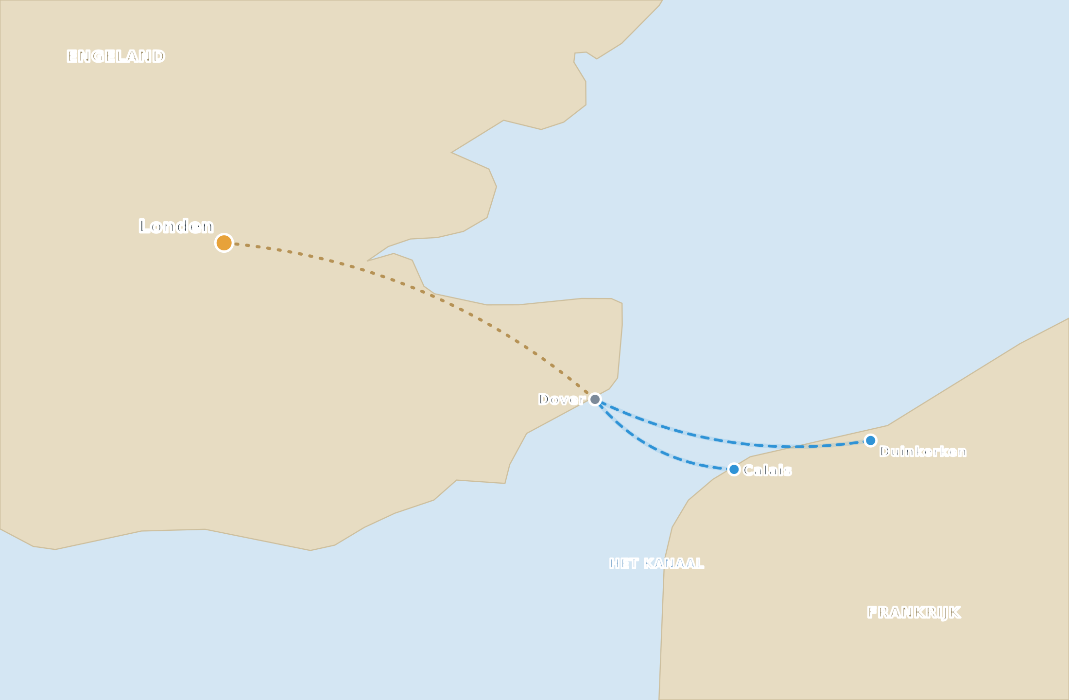 Kaart met de overtocht van Calais en Duinkerken naar Dover en de doorrijroute naar Londen