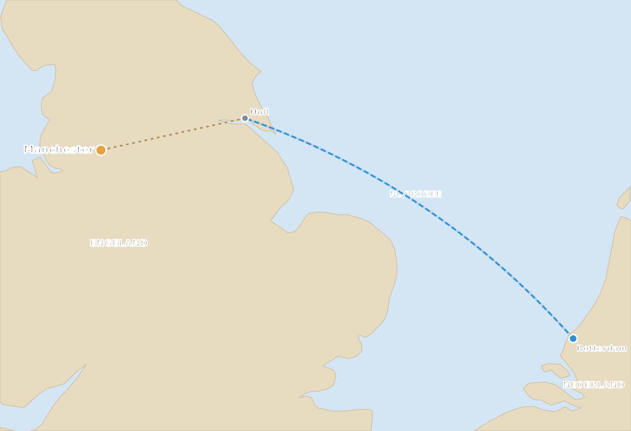 Kaart met de nachtboot van Rotterdam naar Hull en de doorrijroute naar Manchester