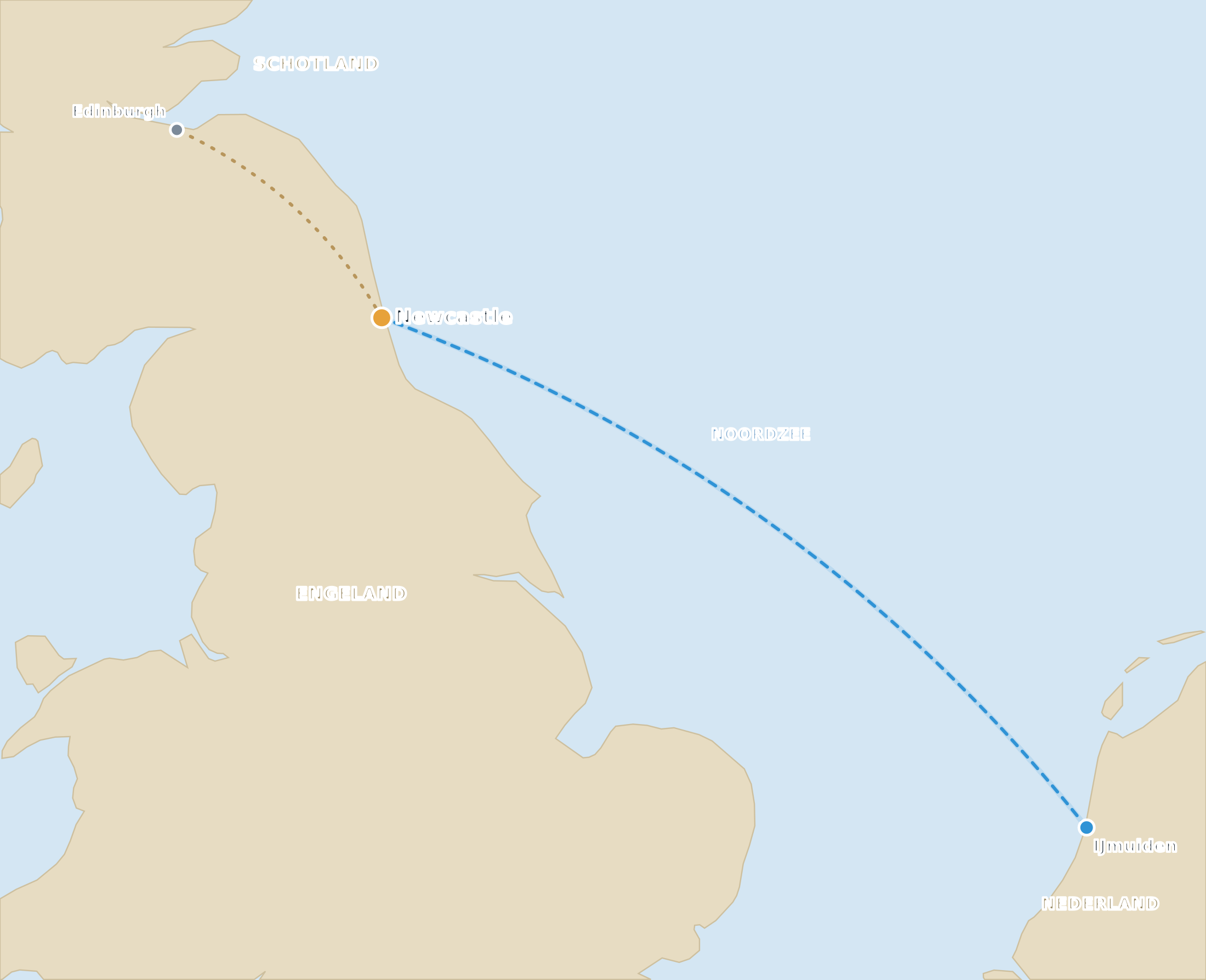 Kaart met de nachtboot van IJmuiden naar Newcastle en de doorrijroute naar Edinburgh