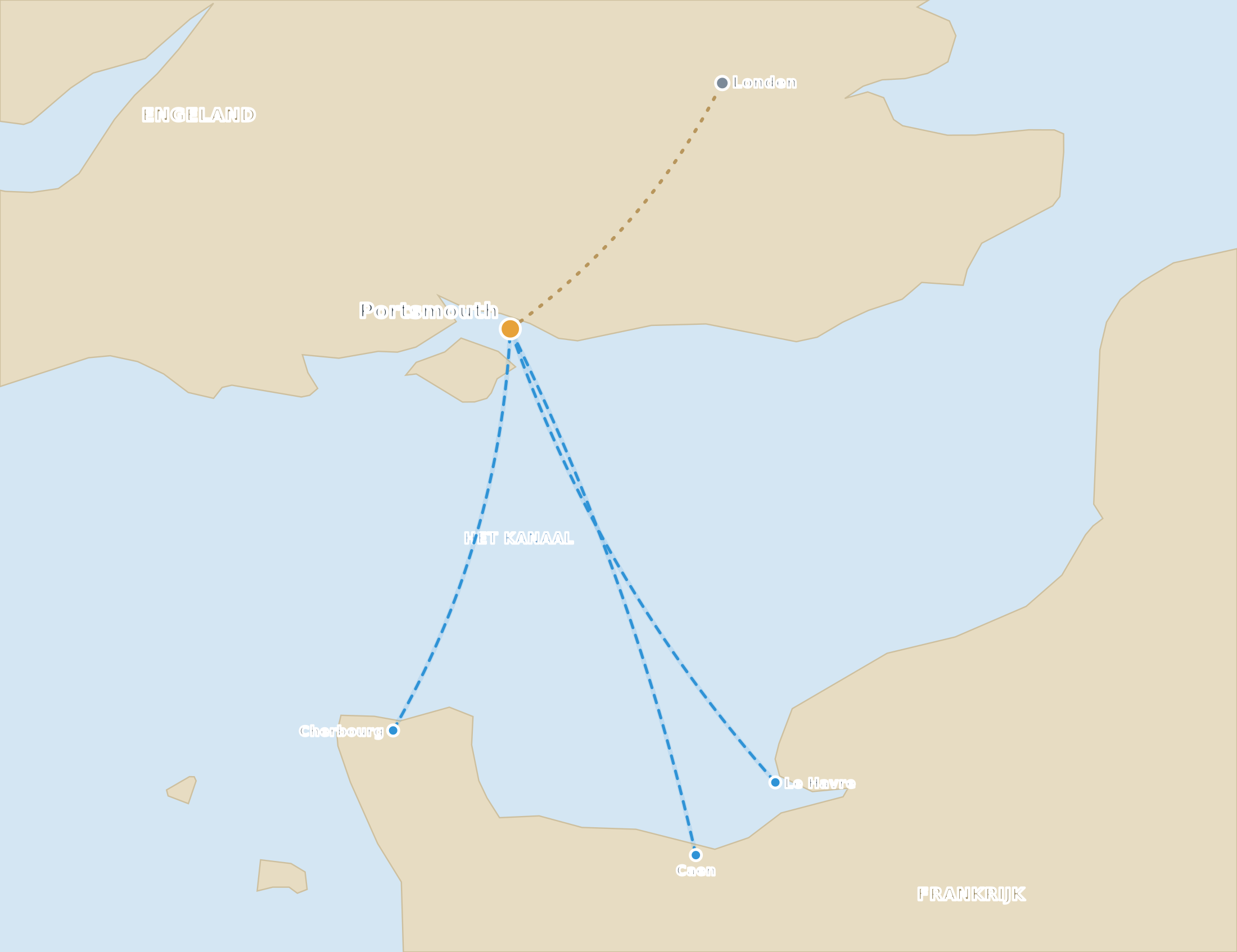 Kaart met de overtochten vanuit Cherbourg, Caen en Le Havre naar Portsmouth en de doorrijroute naar Londen
