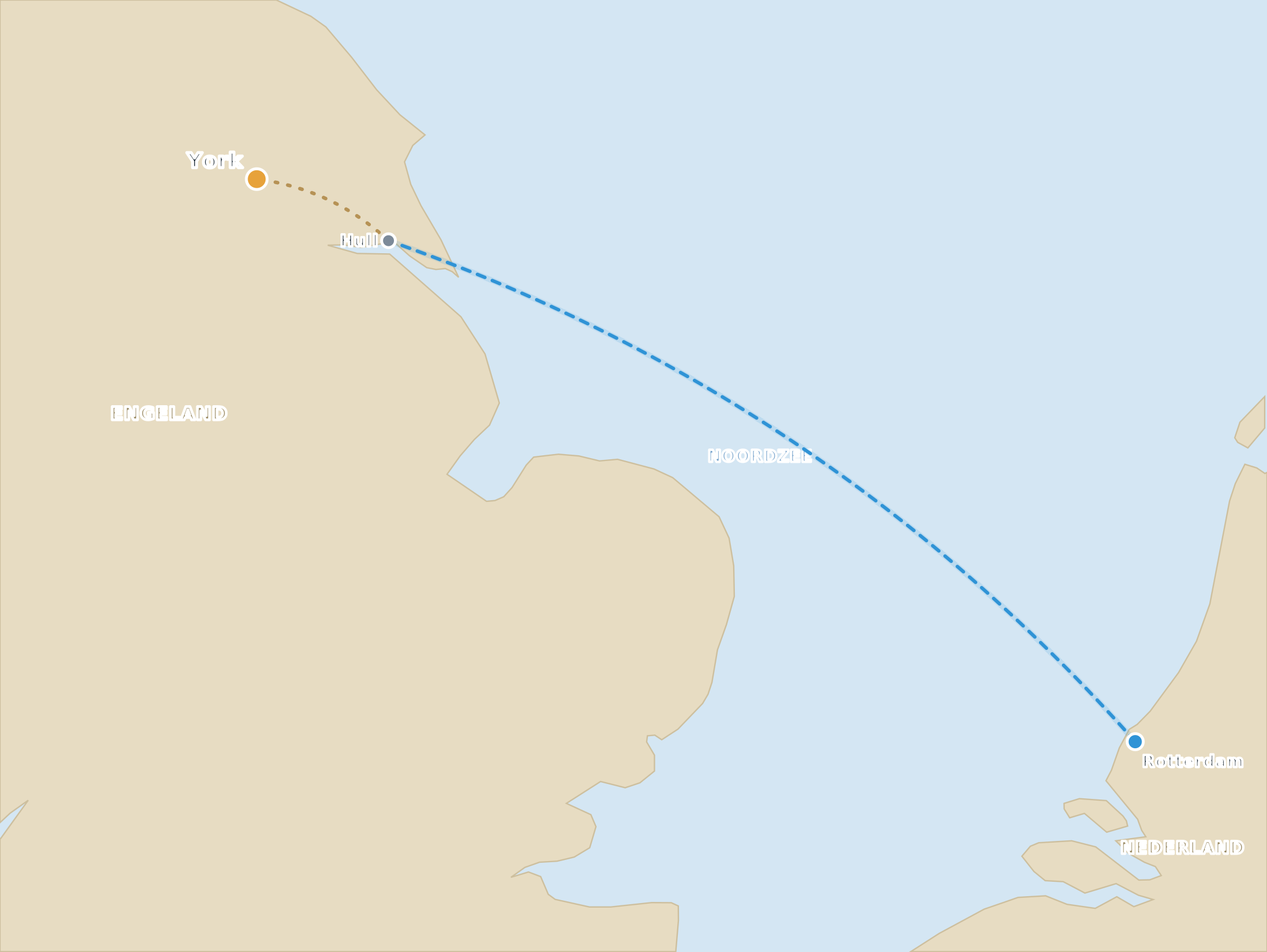 Kaart met de nachtboot van Rotterdam naar Hull en de doorrijroute naar York