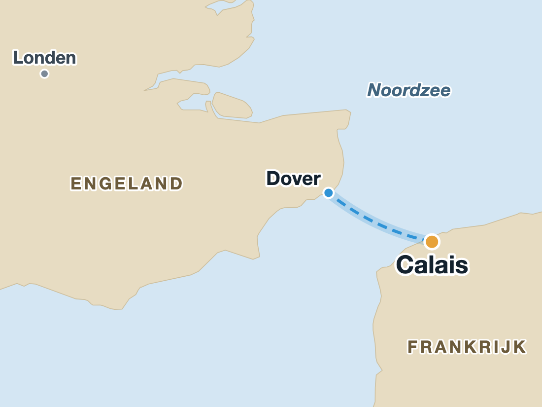 Kaart met de veerbootroute van Calais naar Dover over het Kanaal