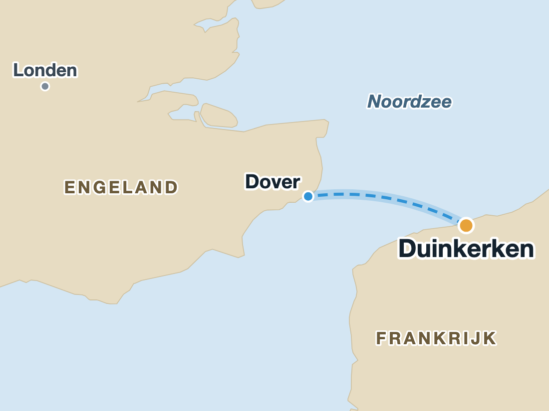 Kaart met de veerbootroute van Duinkerken naar Dover over het Kanaal