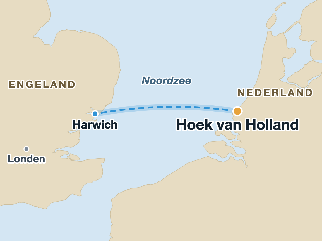 Kaart met de veerbootroute van Hoek van Holland naar Harwich over de Noordzee