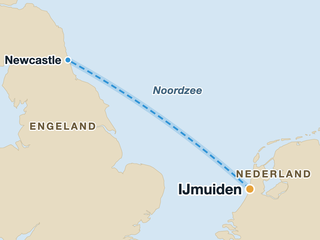 Kaart met de bootroute van IJmuiden naar Newcastle over de Noordzee