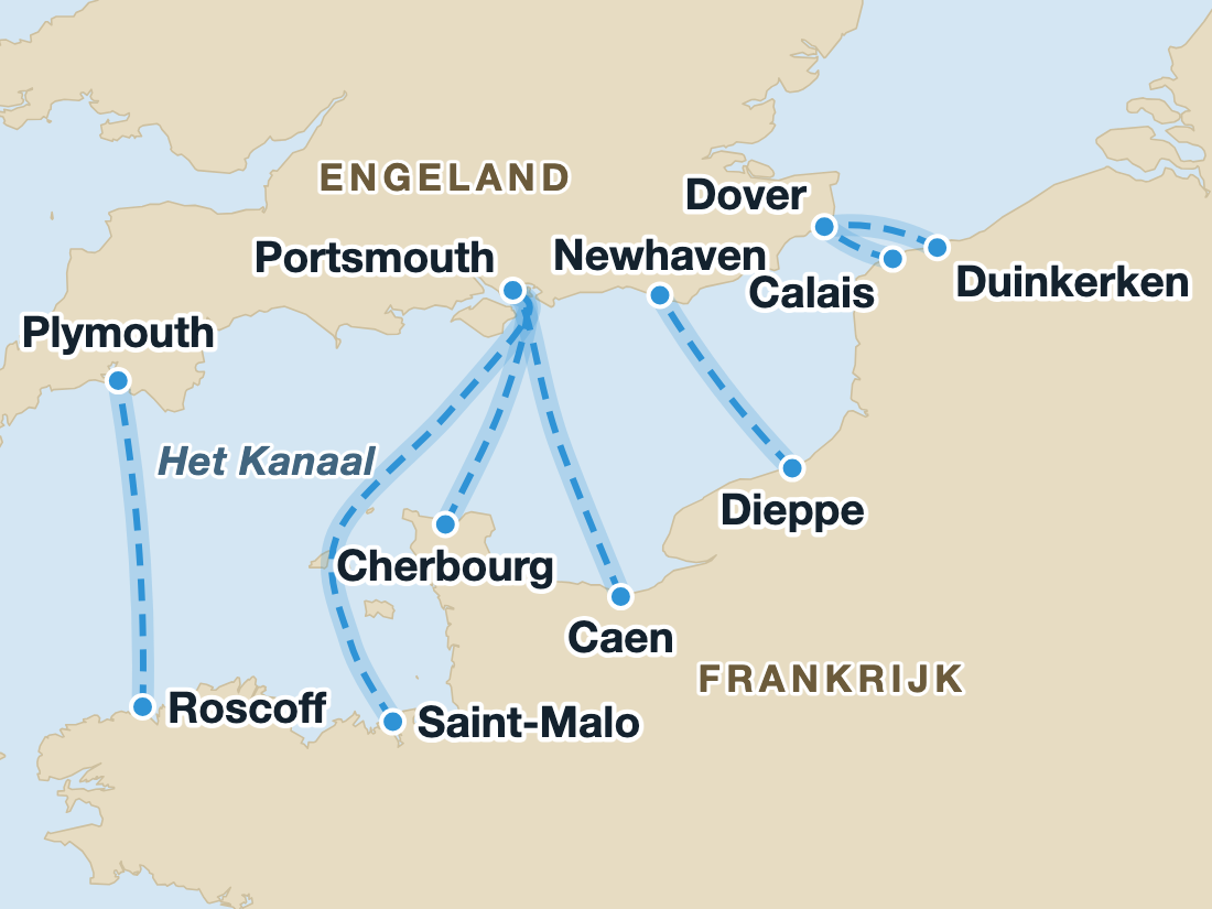 Kaart met alle veerbootroutes vanuit Frankrijk naar Engeland