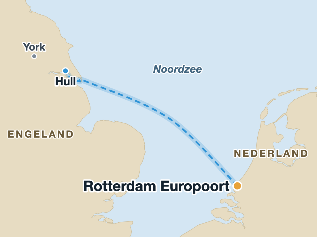 Kaart met de bootroute van Rotterdam naar Hull over de Noordzee