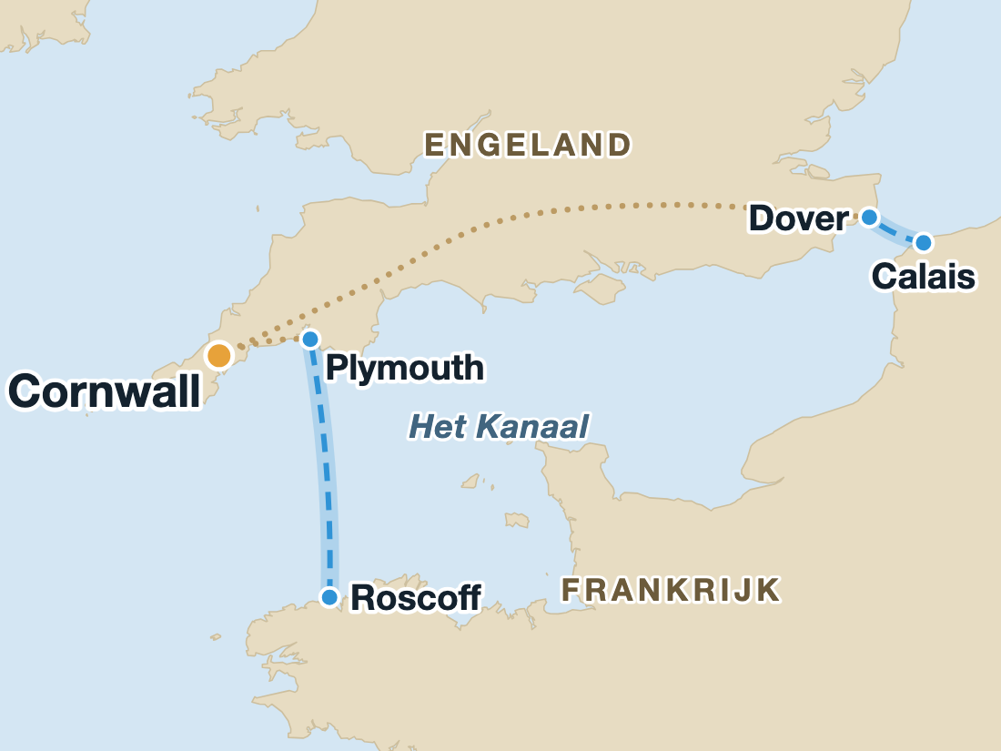 Kaart met de routes naar Cornwall: via Calais en Dover en via Roscoff en Plymouth