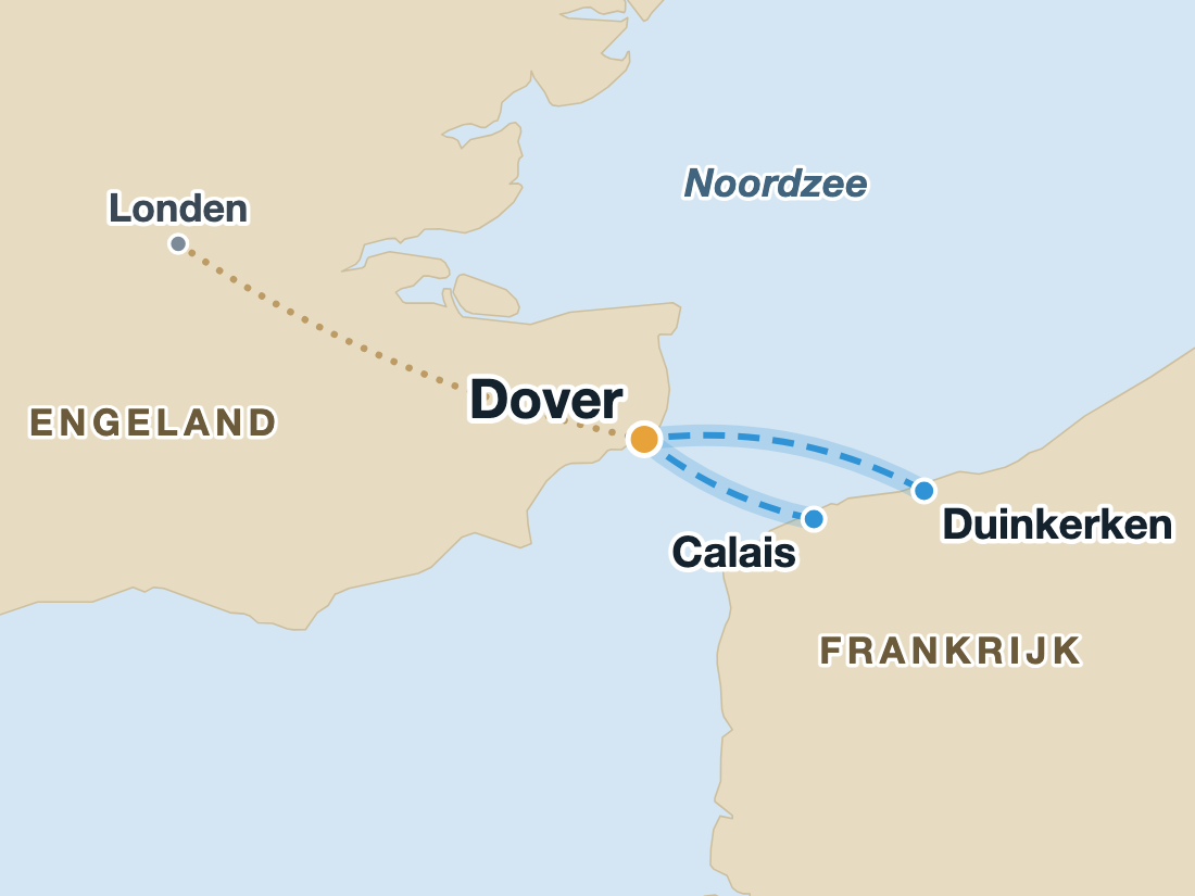 Kaart met de bootroutes vanaf Calais en Duinkerken naar Dover, met de doorrijroute naar Londen