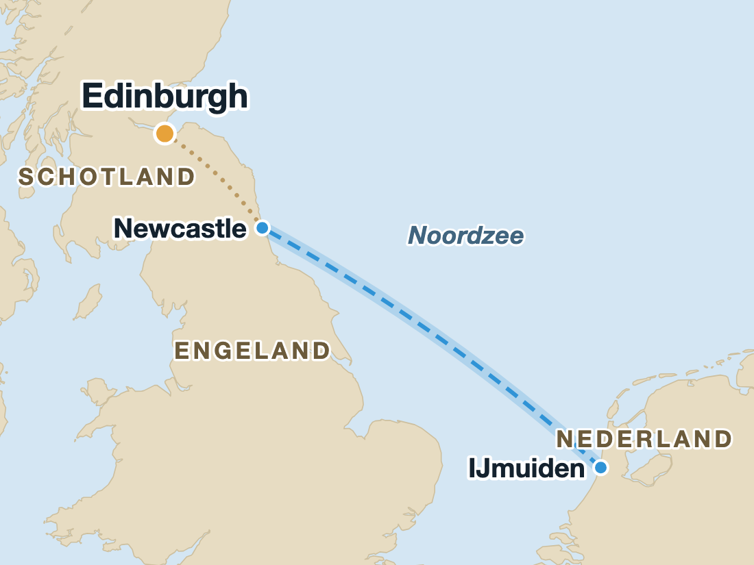 Kaart met de nachtboot van IJmuiden naar Newcastle en de doorrijroute naar Edinburgh