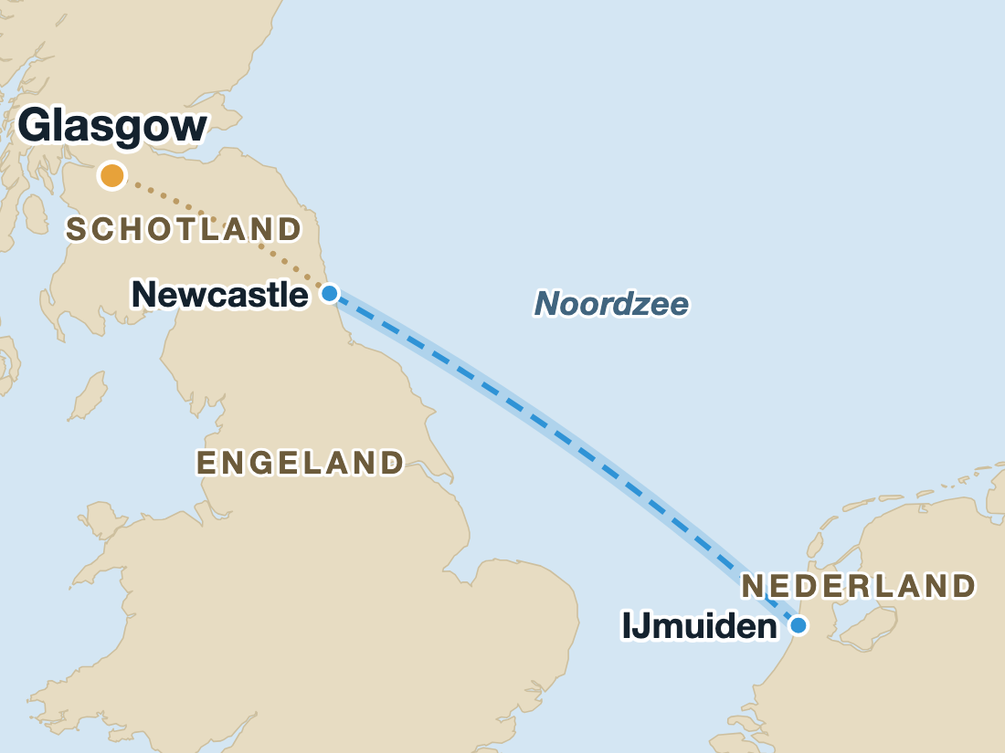 Kaart met de nachtboot van IJmuiden naar Newcastle en de doorrijroute naar Glasgow