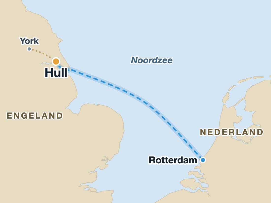 Kaart met de nachtboot van Rotterdam naar Hull en de doorrijroute naar York