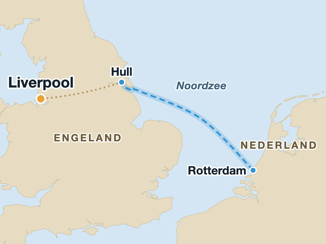 Kaart met de nachtboot van Rotterdam naar Hull en de doorrijroute naar Liverpool