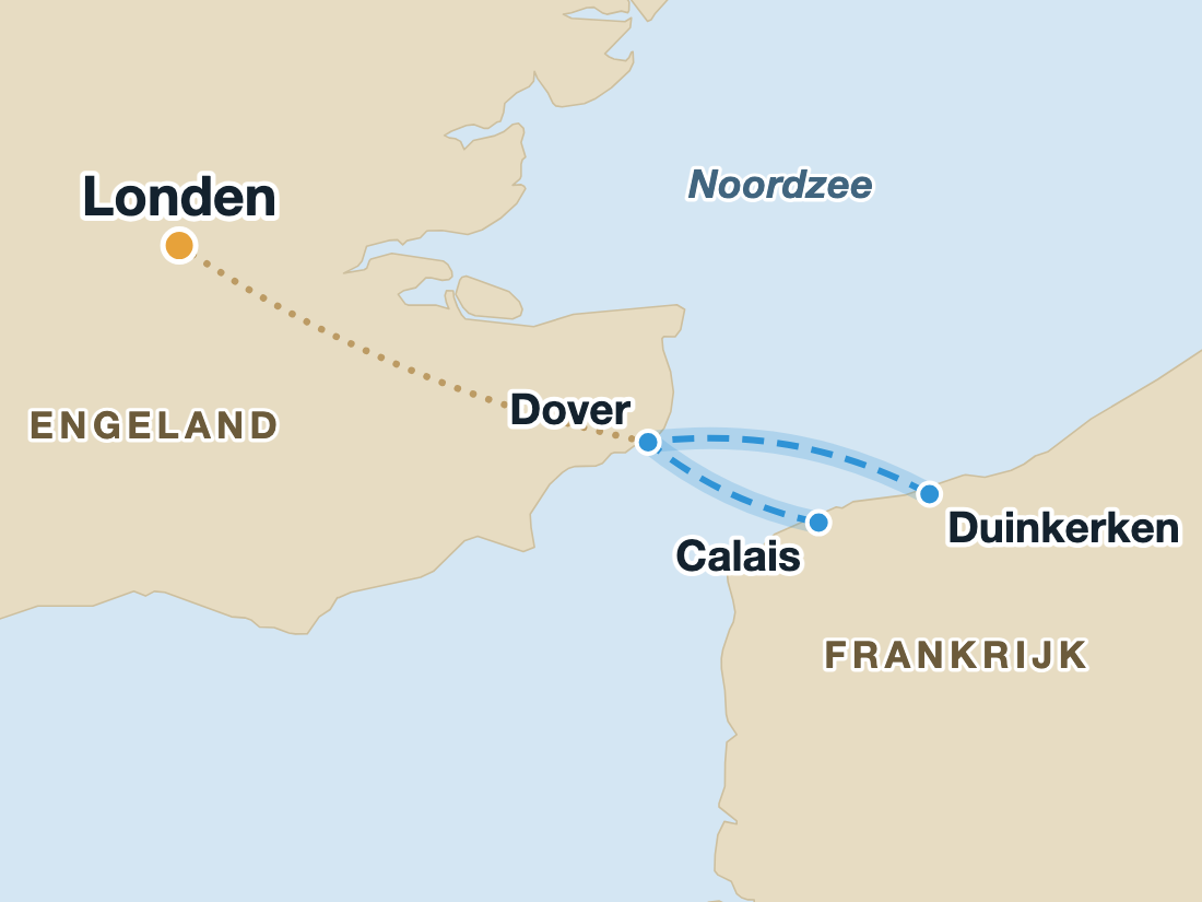 Kaart met de overtocht van Calais en Duinkerken naar Dover en de doorrijroute naar Londen