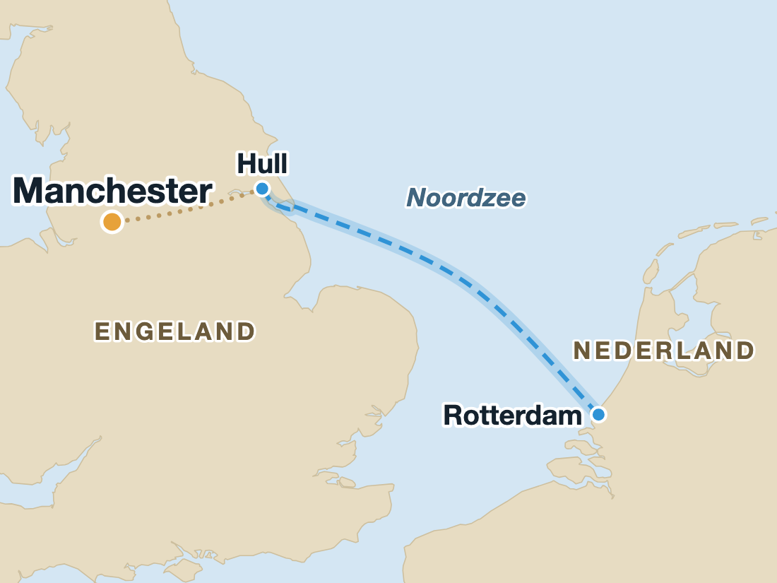 Kaart met de nachtboot van Rotterdam naar Hull en de doorrijroute naar Manchester