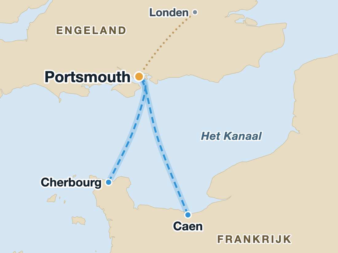 Kaart met de overtochten vanuit Cherbourg en Caen naar Portsmouth en de doorrijroute naar Londen