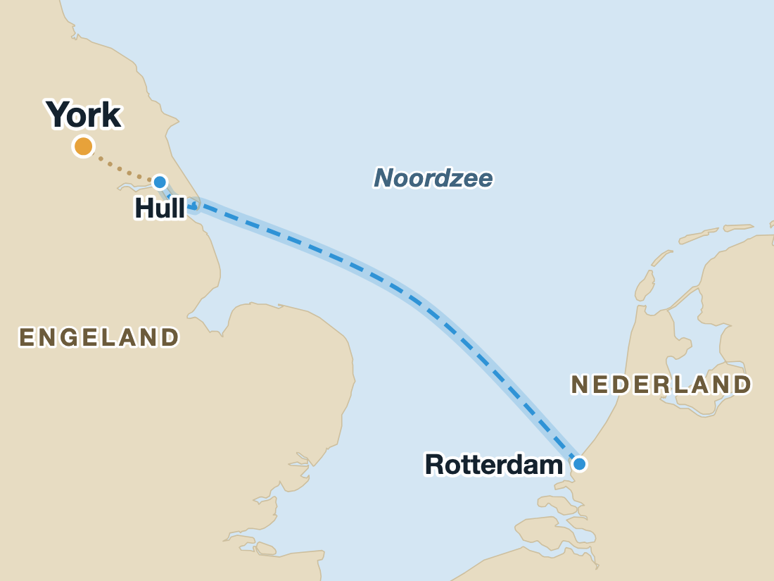 Kaart met de nachtboot van Rotterdam naar Hull en de doorrijroute naar York