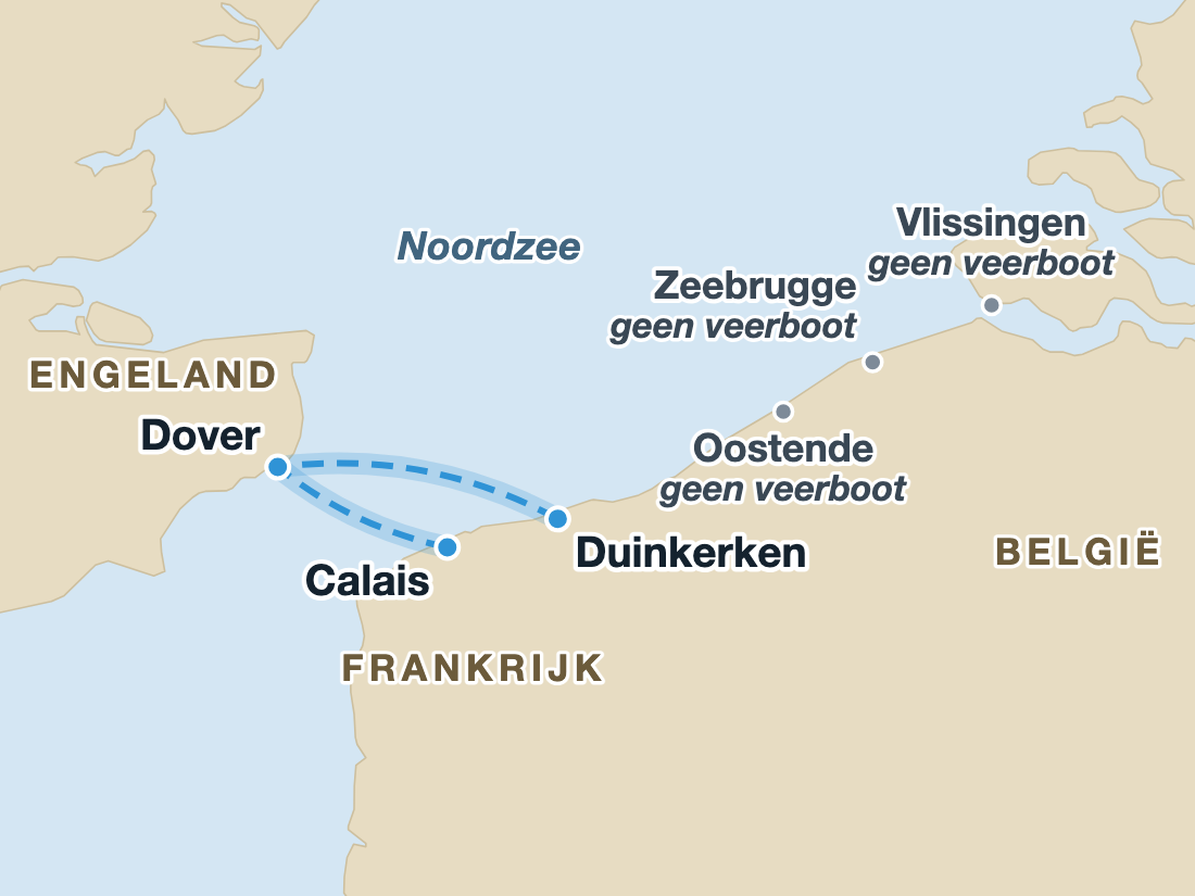 Kaart: vanuit Oostende, Zeebrugge en Vlissingen vaart geen veerboot meer, wel vanaf Duinkerken en Calais naar Dover