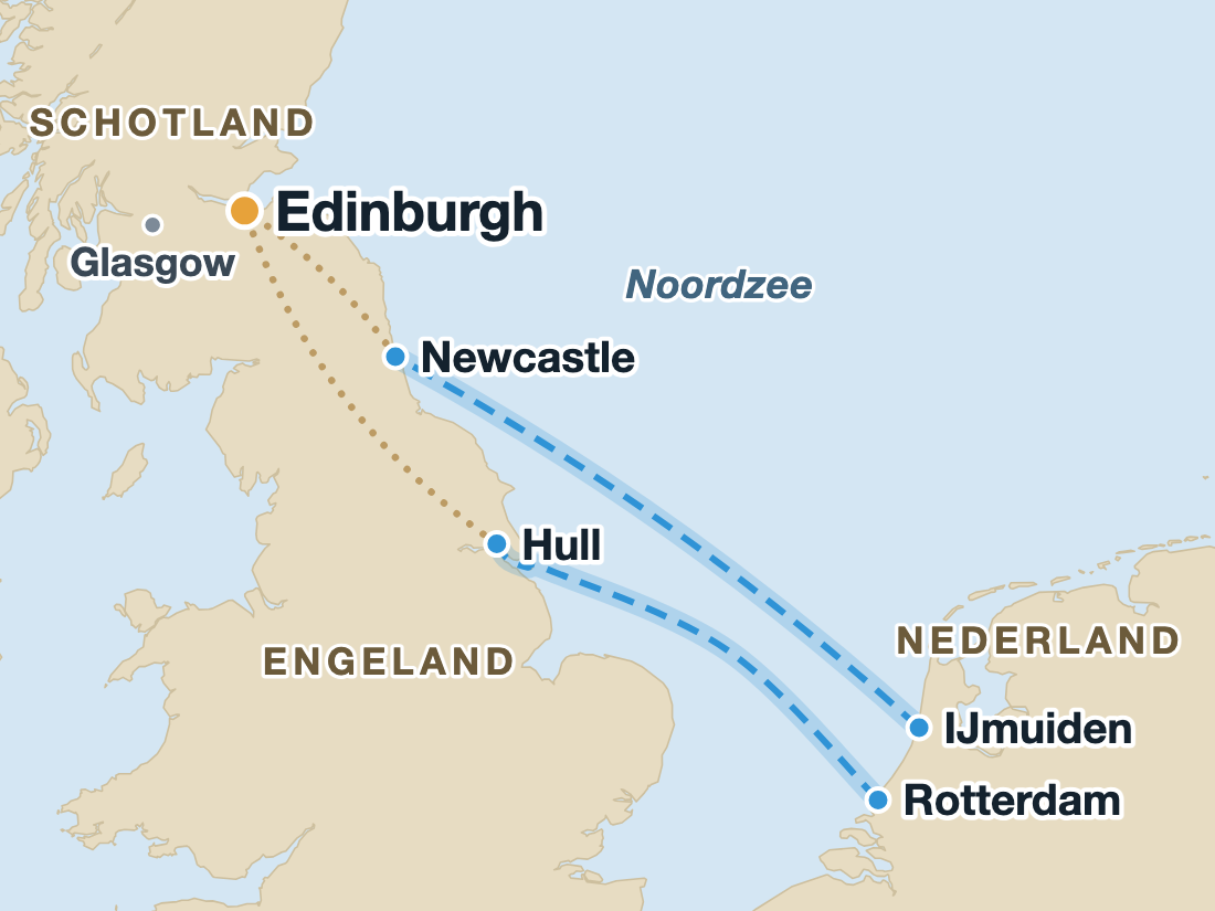 Kaart met de veerbootroutes vanuit Nederland naar Schotland via Newcastle en Hull